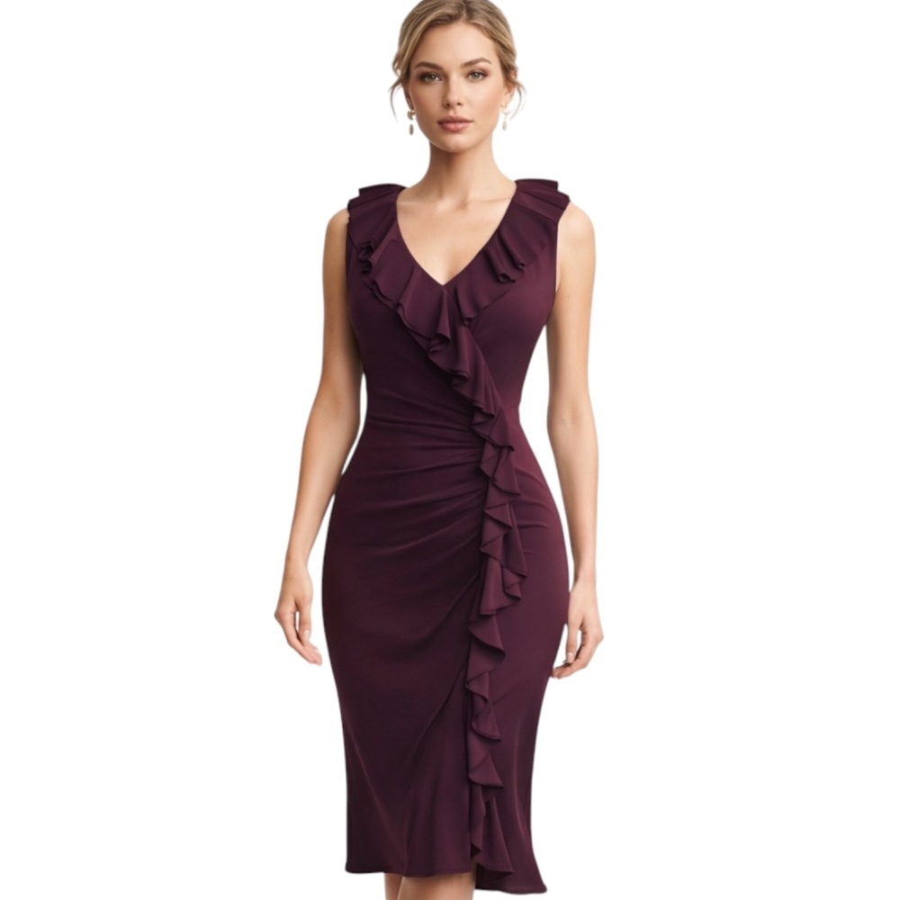Lauren Ralph Lauren Burgundy Ruffle Midi Cocktail Dress Ruched Sheath Sz 4